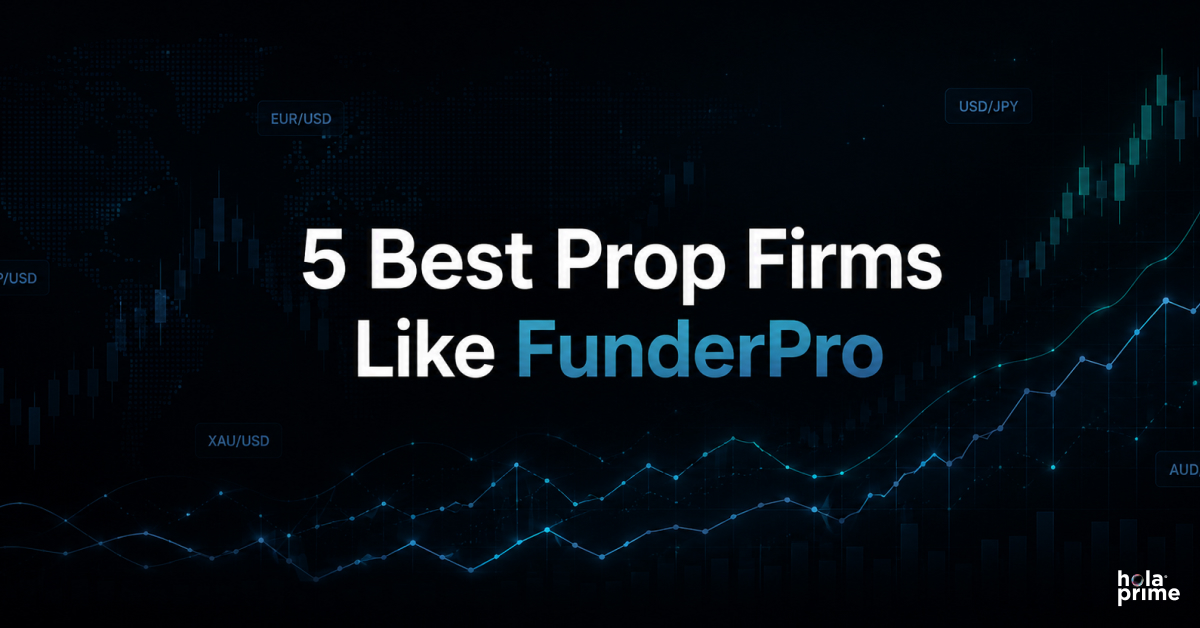 5 Best Prop Firms Like FunderPro comparison banner with forex trading charts, candlestick graphs, global financial market visualization, and modern fintech background.